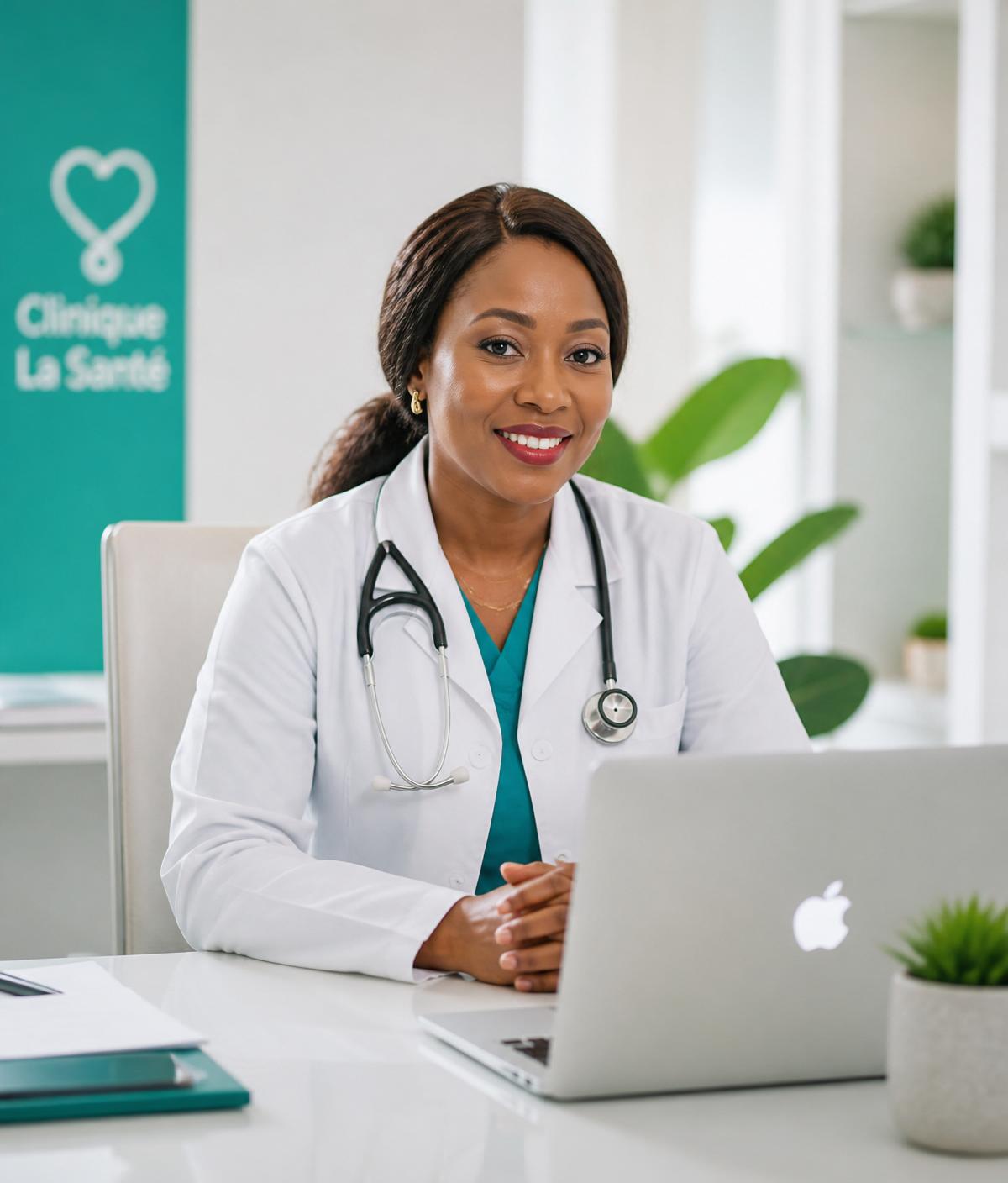 Médecin ivoirienne en téléconsultation vidéo depuis son cabinet
