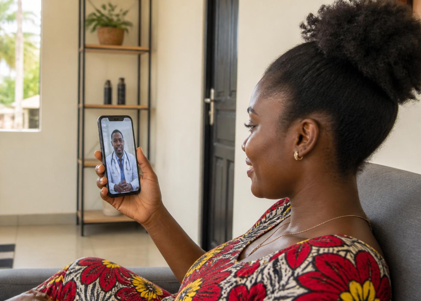 Patiente en consultation vidéo avec un médecin depuis son téléphone